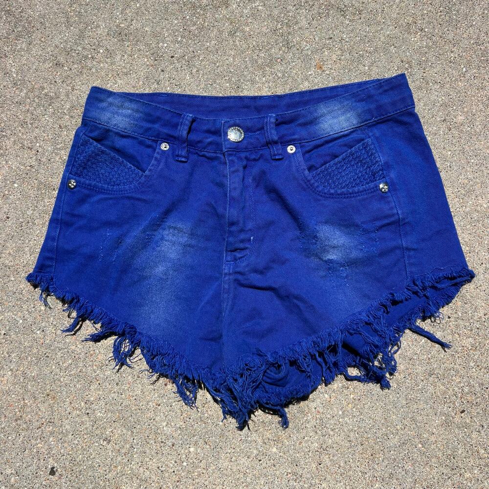 Y2K Mucs Originals 1973 Cut Off Distressed Textured Jean Shorts Royal Blue SMALL